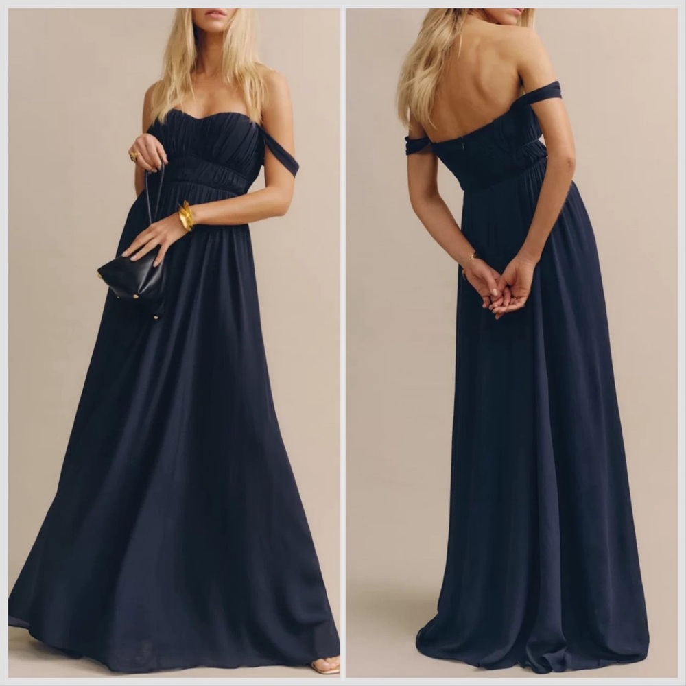Reformation Navy Off-Shoulder Maxi Dress